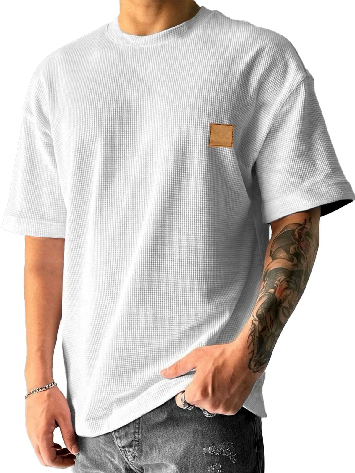 Men's Waffle Texture Minimalist Embroidered Leather Label Daily Casual Short-sleeved T-shirt