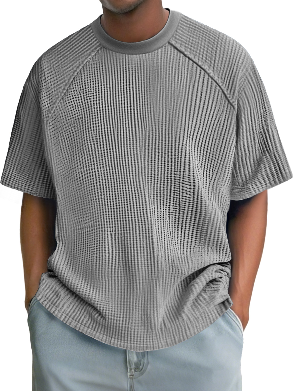 Men's Fashion Waffle Raglan Round Neck Comfortable Short Sleeve T-Shirt