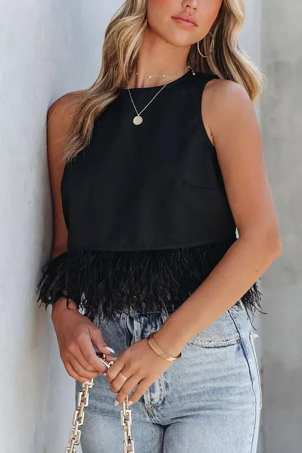Feather Trim Crop Tank Top