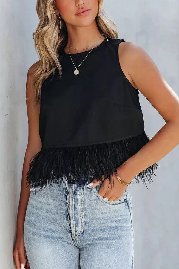 Feather Trim Crop Tank Top