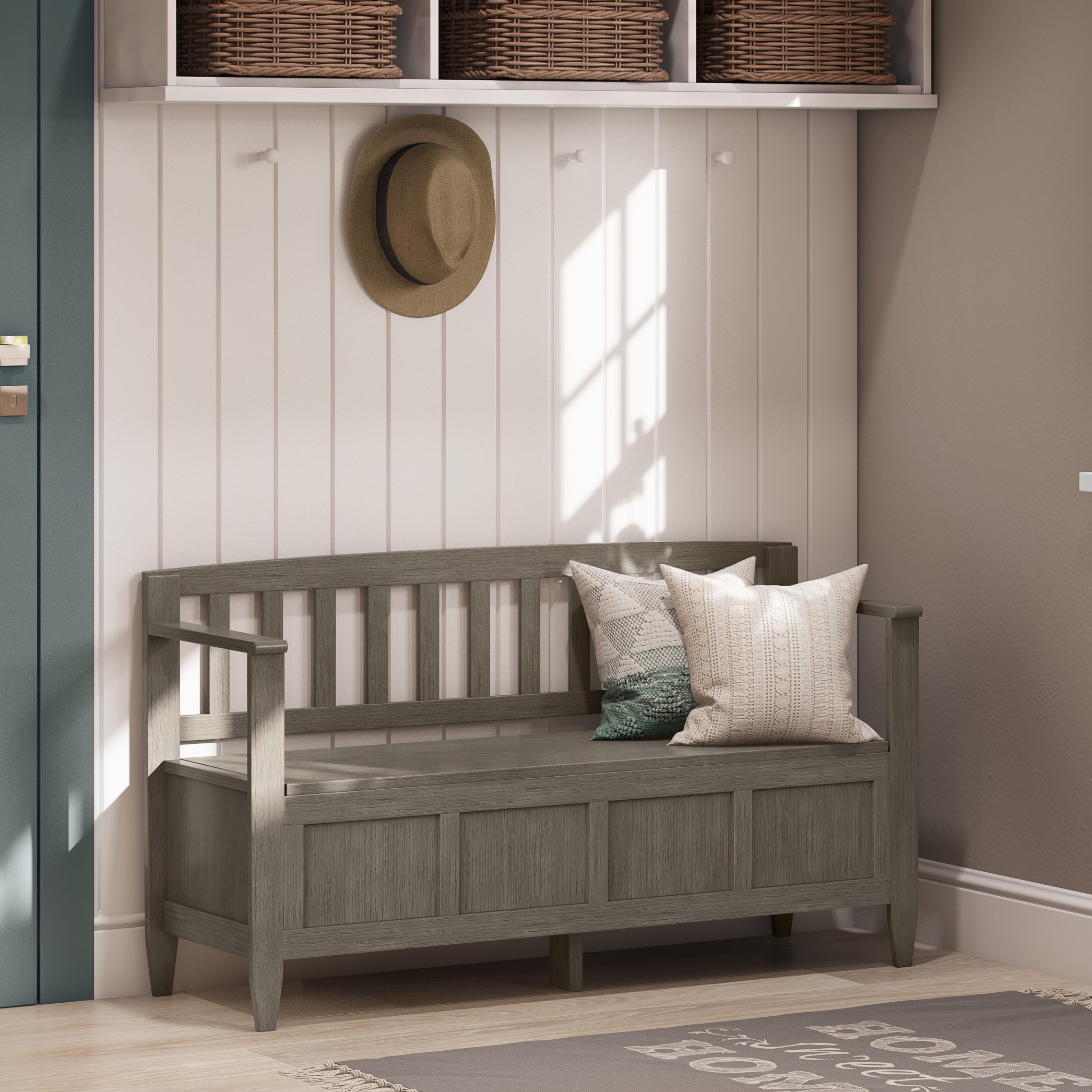 Simpli Home Brooklyn Entryway Storage Bench Farmhouse Grey