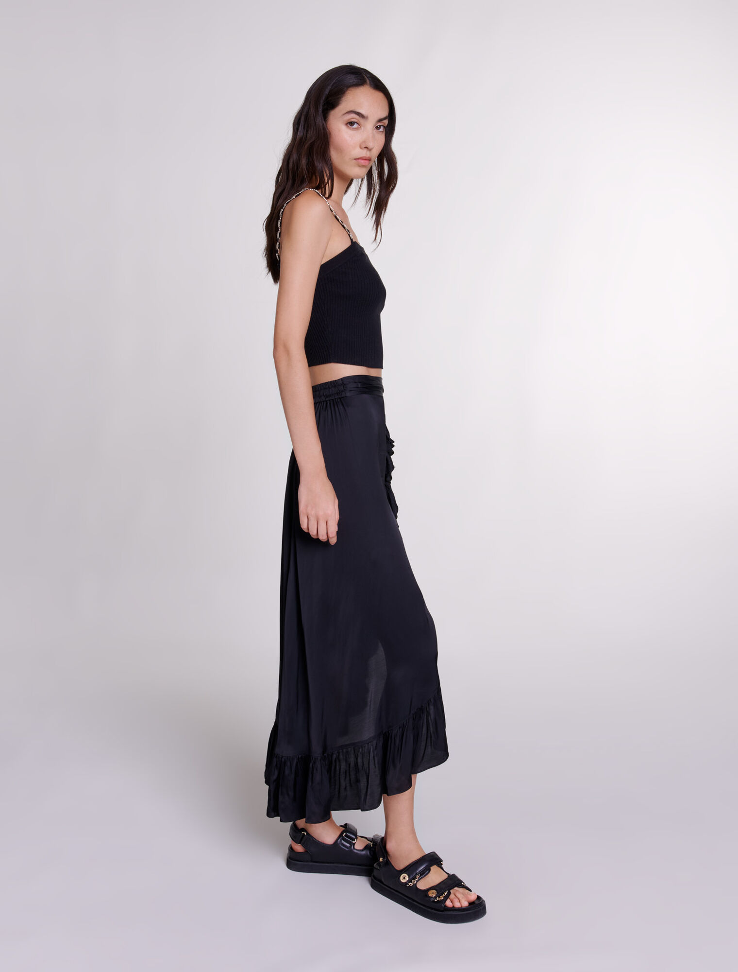 Long satin-effect ruffled skirt