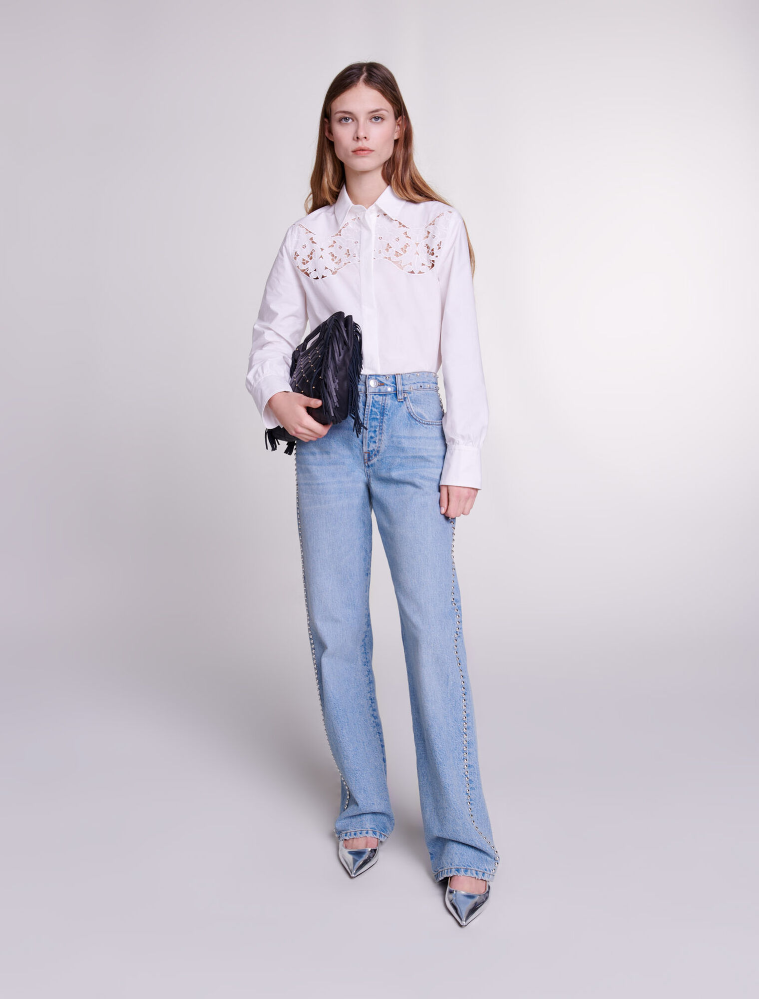 Wide-leg studded jeans