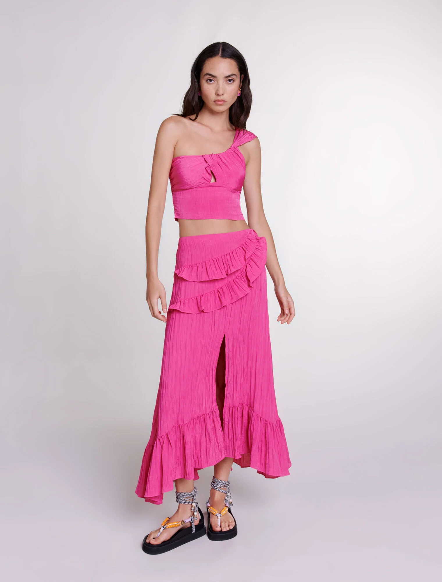 Long satin-effect crinkle skirt