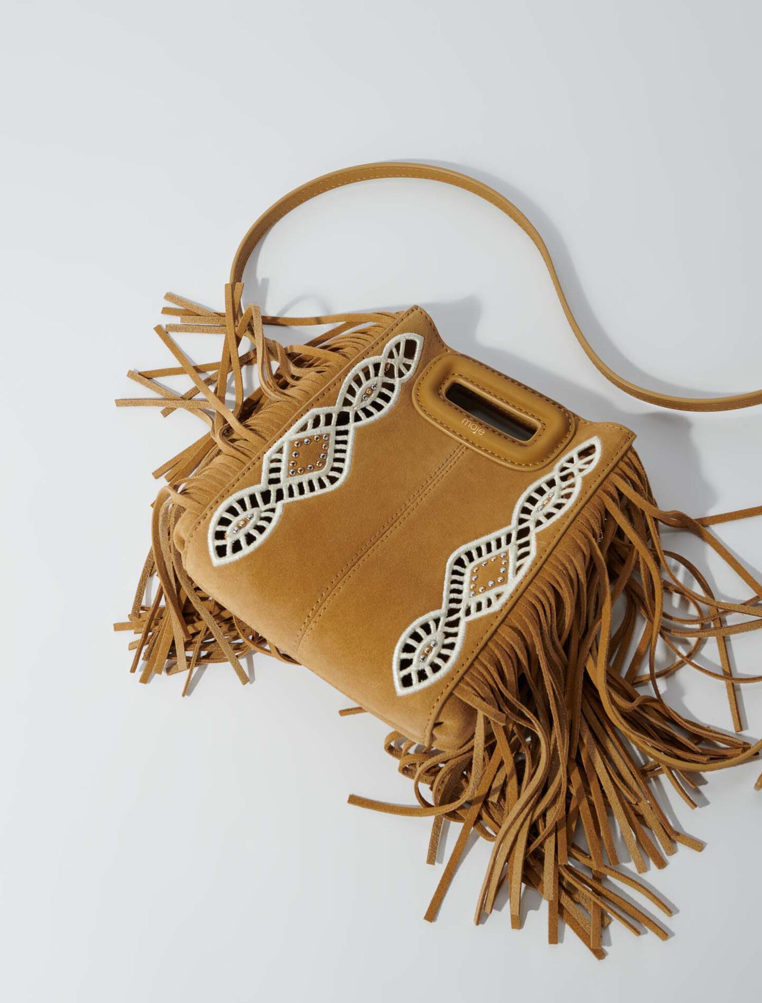 Embroidered suede fringed M mini bag