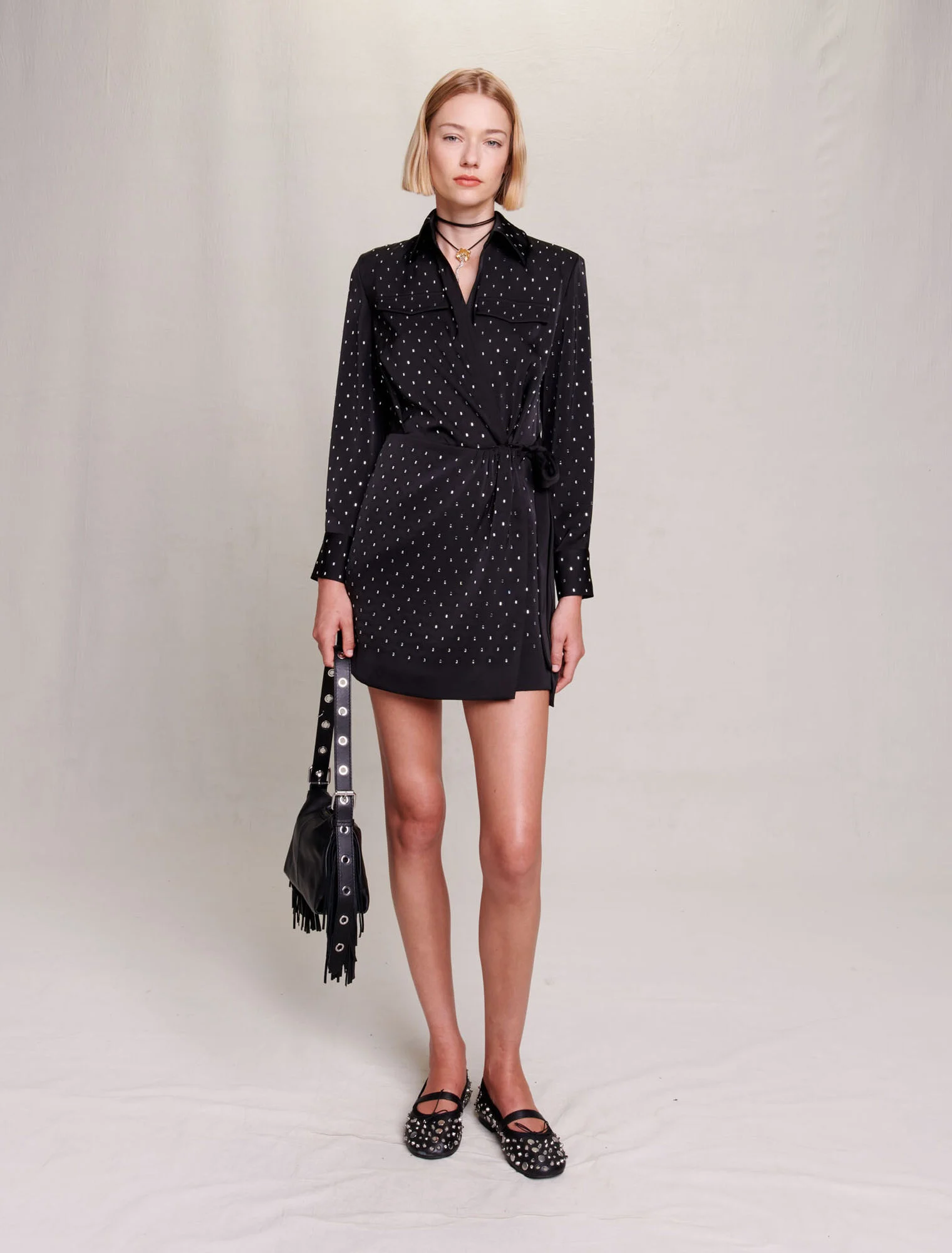 Short satin-effect rhinestone dres