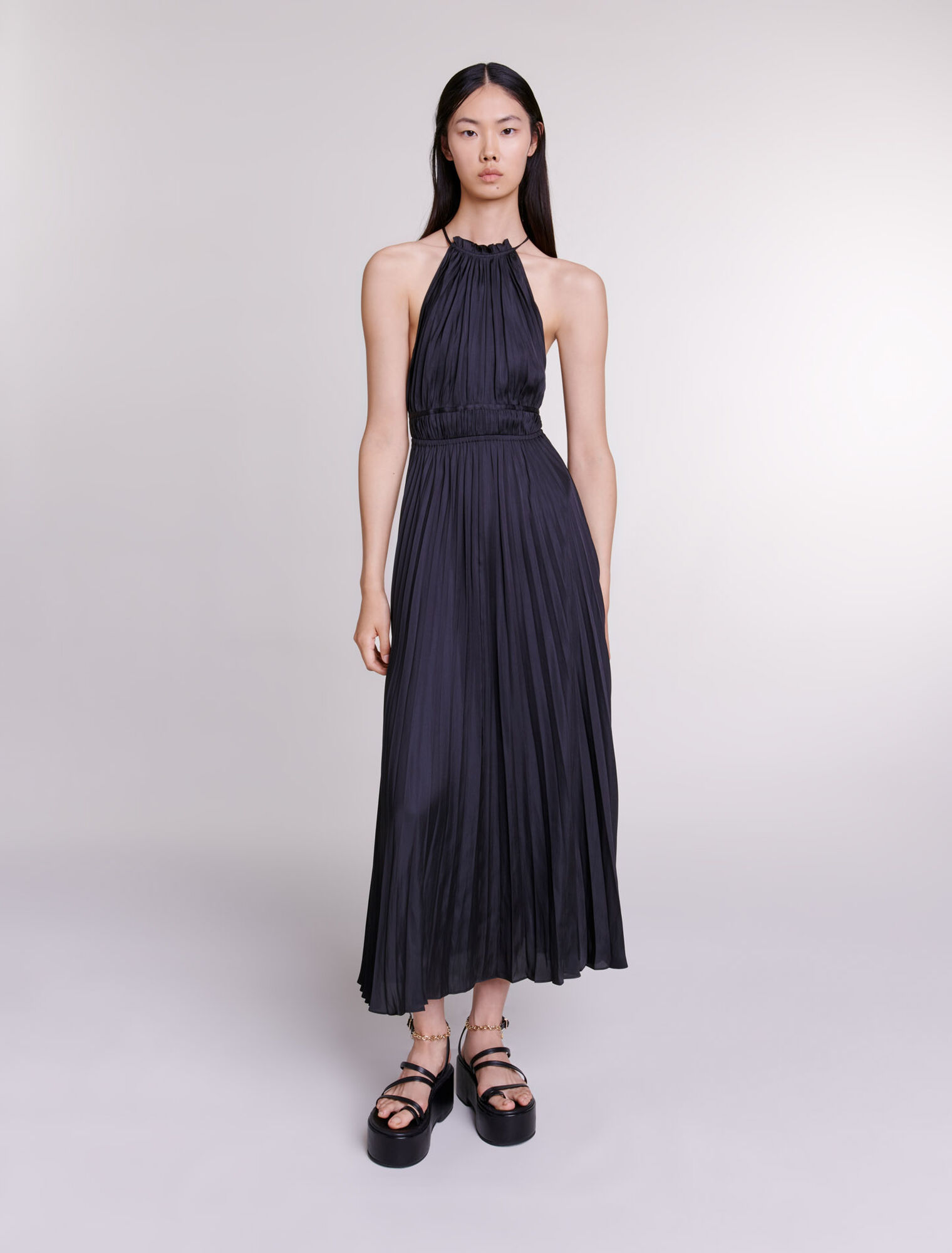 Pleated satin maxi dress
