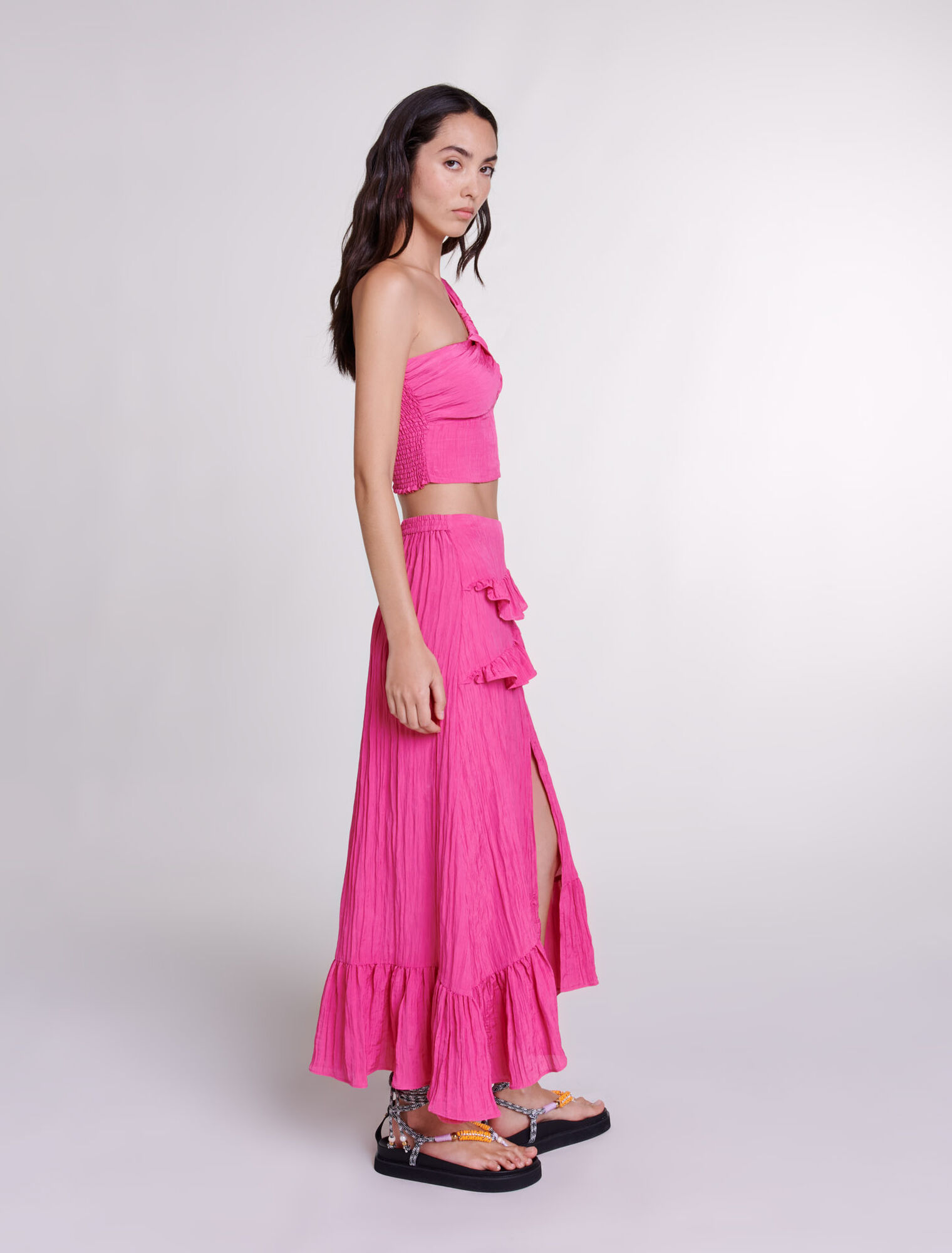 Long satin-effect crinkle skirt