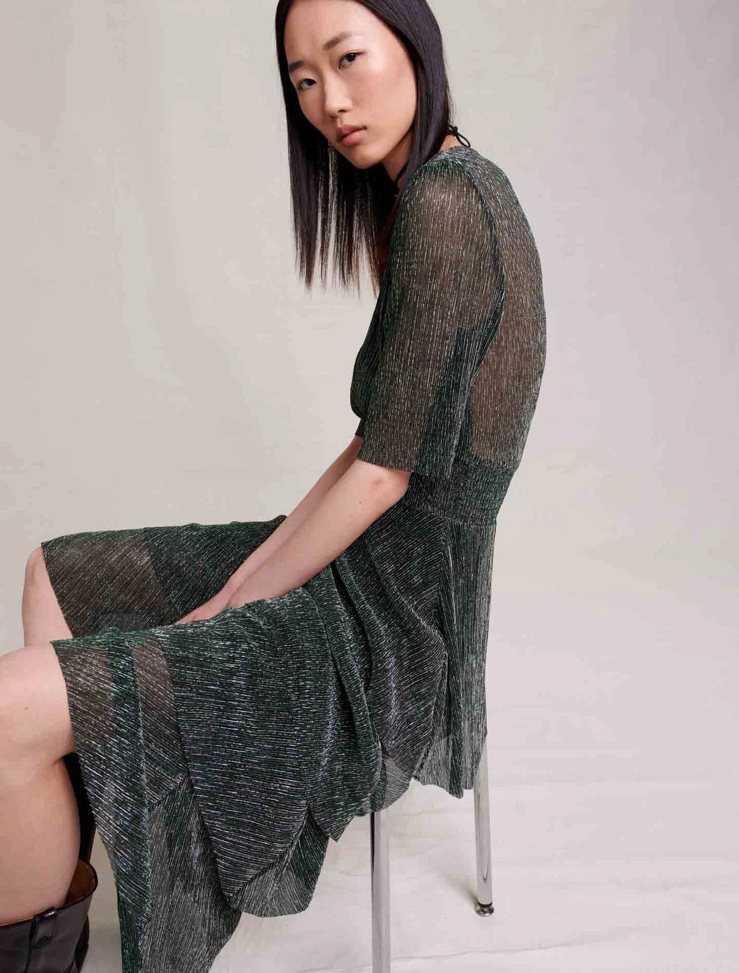 Metallic fiber dress with ruffles