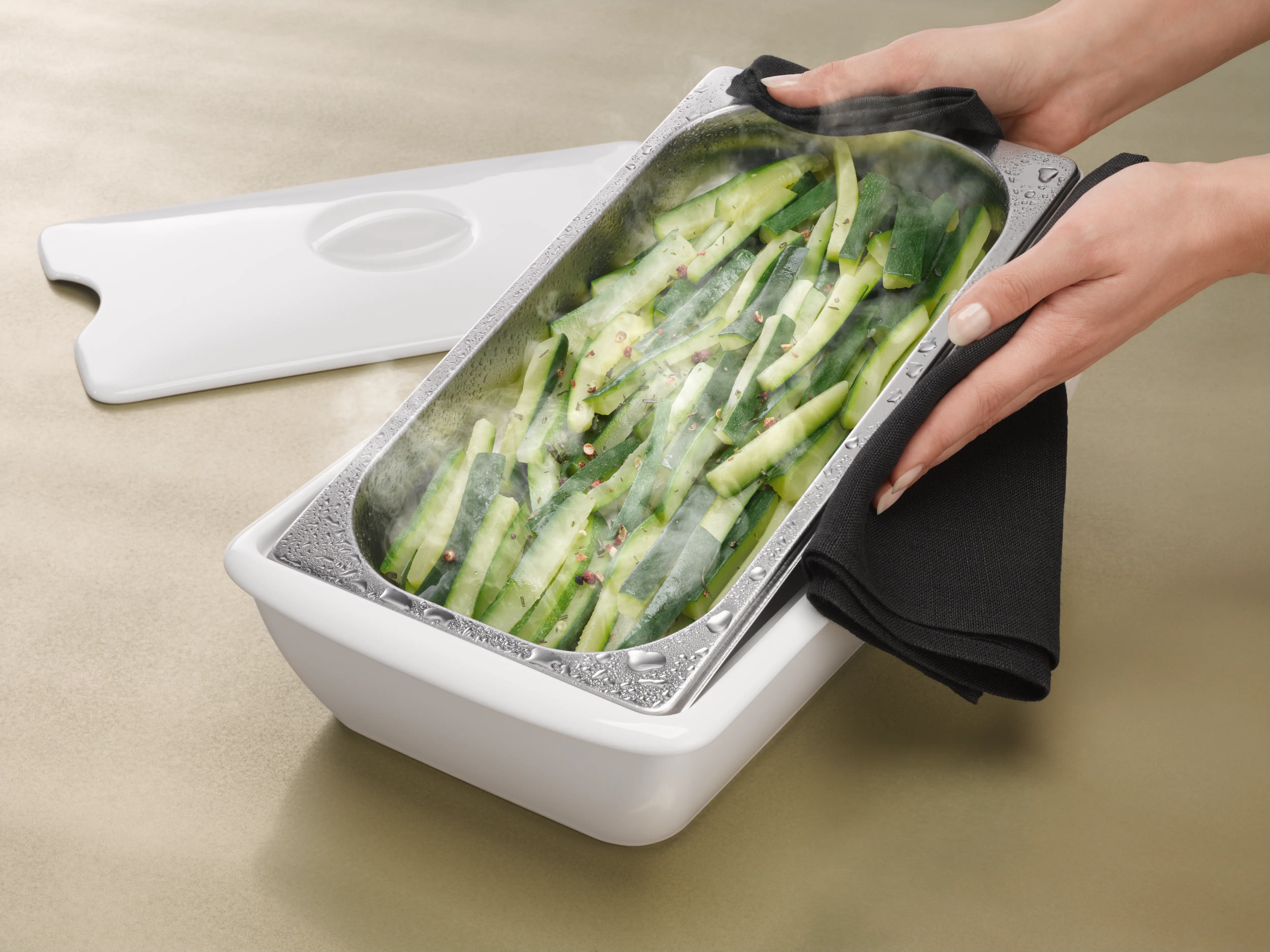 Serving dish for steam oven pan