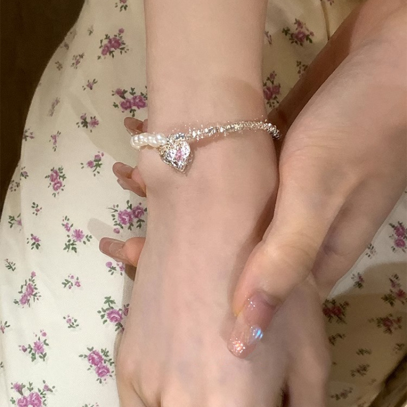 Pearl Broken Silver Pink Zircon Love Beaded Bracelet for Women