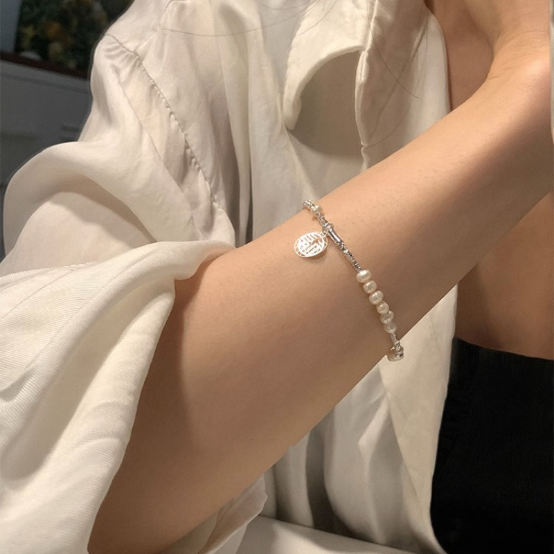 Fortune Character Pearl Broken Silver Bracelet Women's Fashion Light Luxury Versatile Hand Accessories