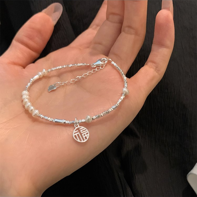 Fortune Character Pearl Broken Silver Bracelet Women's Fashion Light Luxury Versatile Hand Accessories
