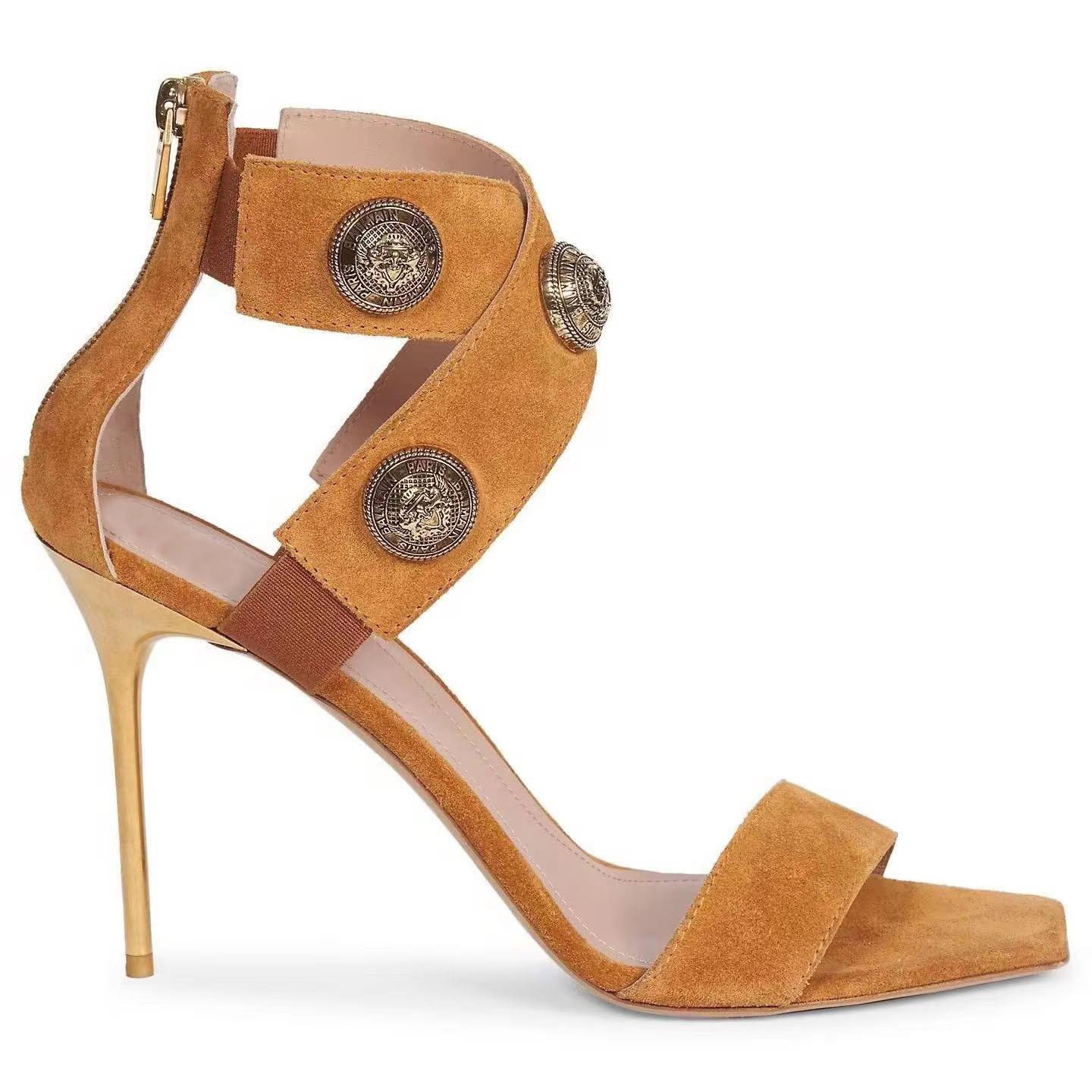 Rivet cross hollow catwalk high-heeled sandals with one strap metal button stiletto open-toed Roman shoes