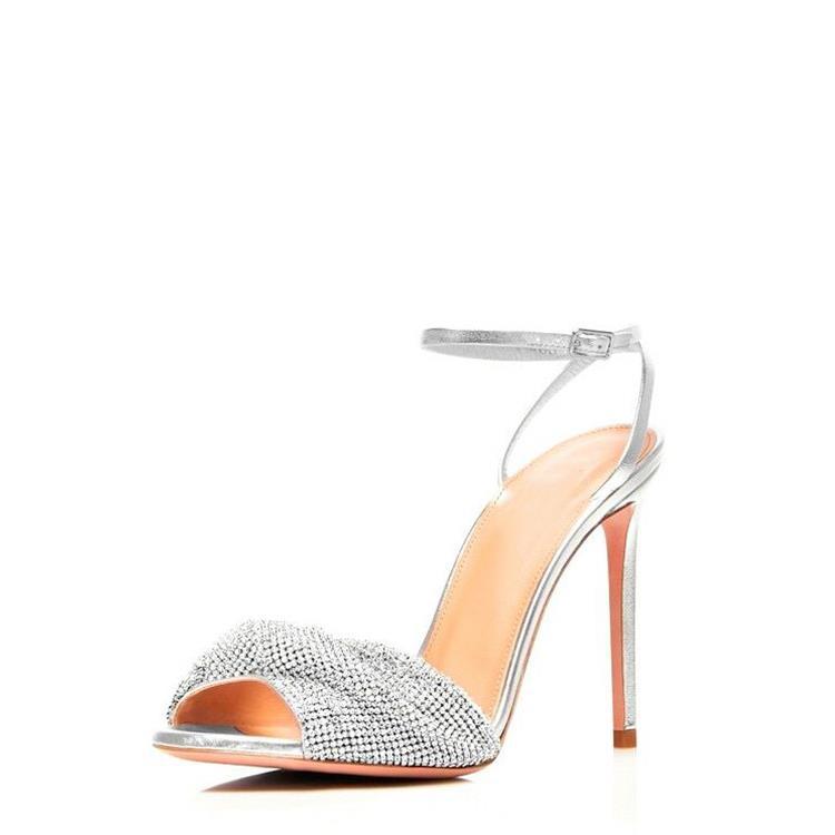 Fish mouth round toe stiletto heel rhinestone fashion show large size hollow sandals