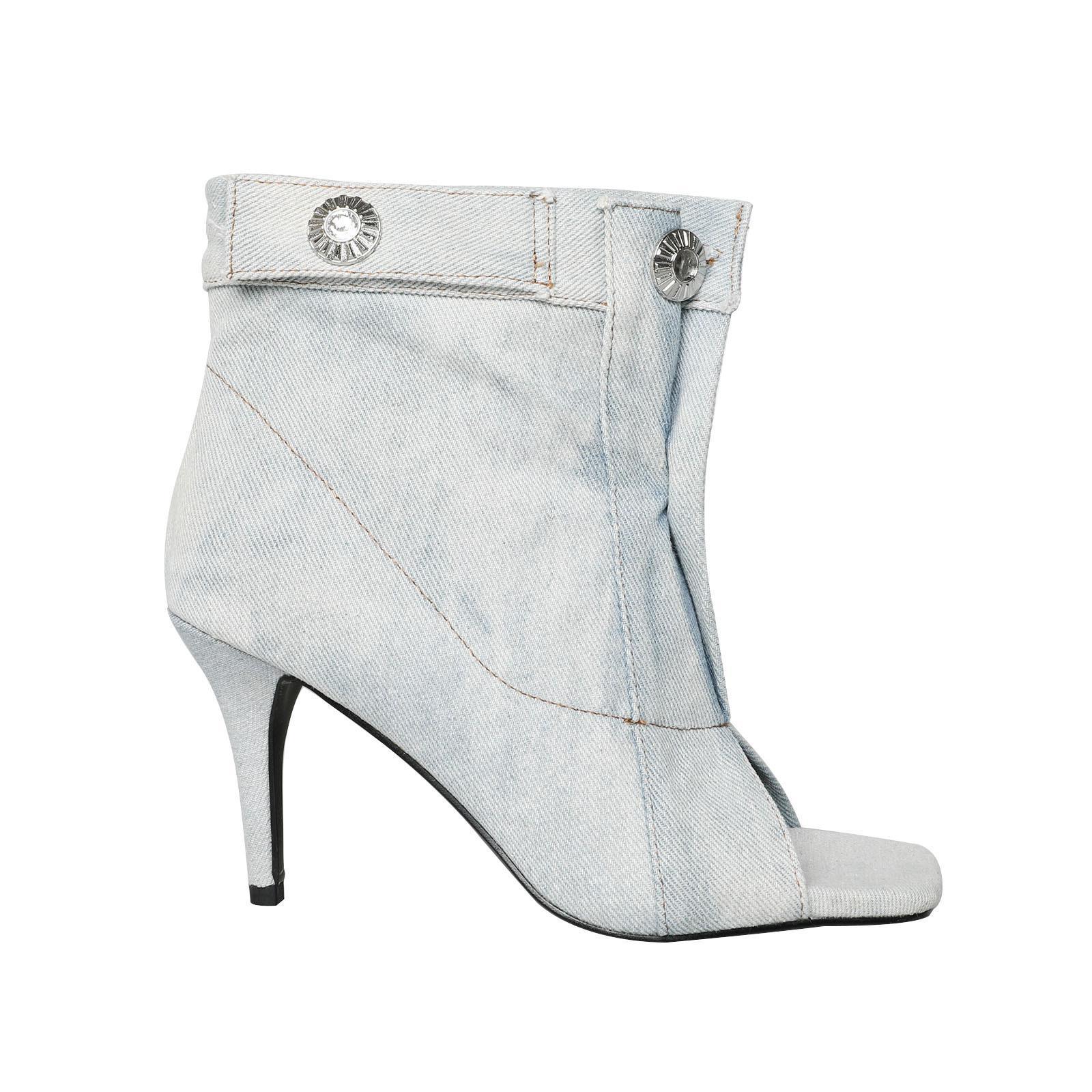 Denim fish mouth square toe front buckle stiletto fashionable large size women's sandals