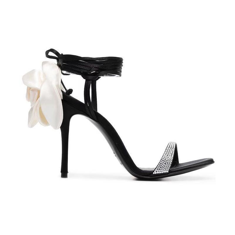 New rhinestone round toe stiletto heel satin flower strap large size sandals