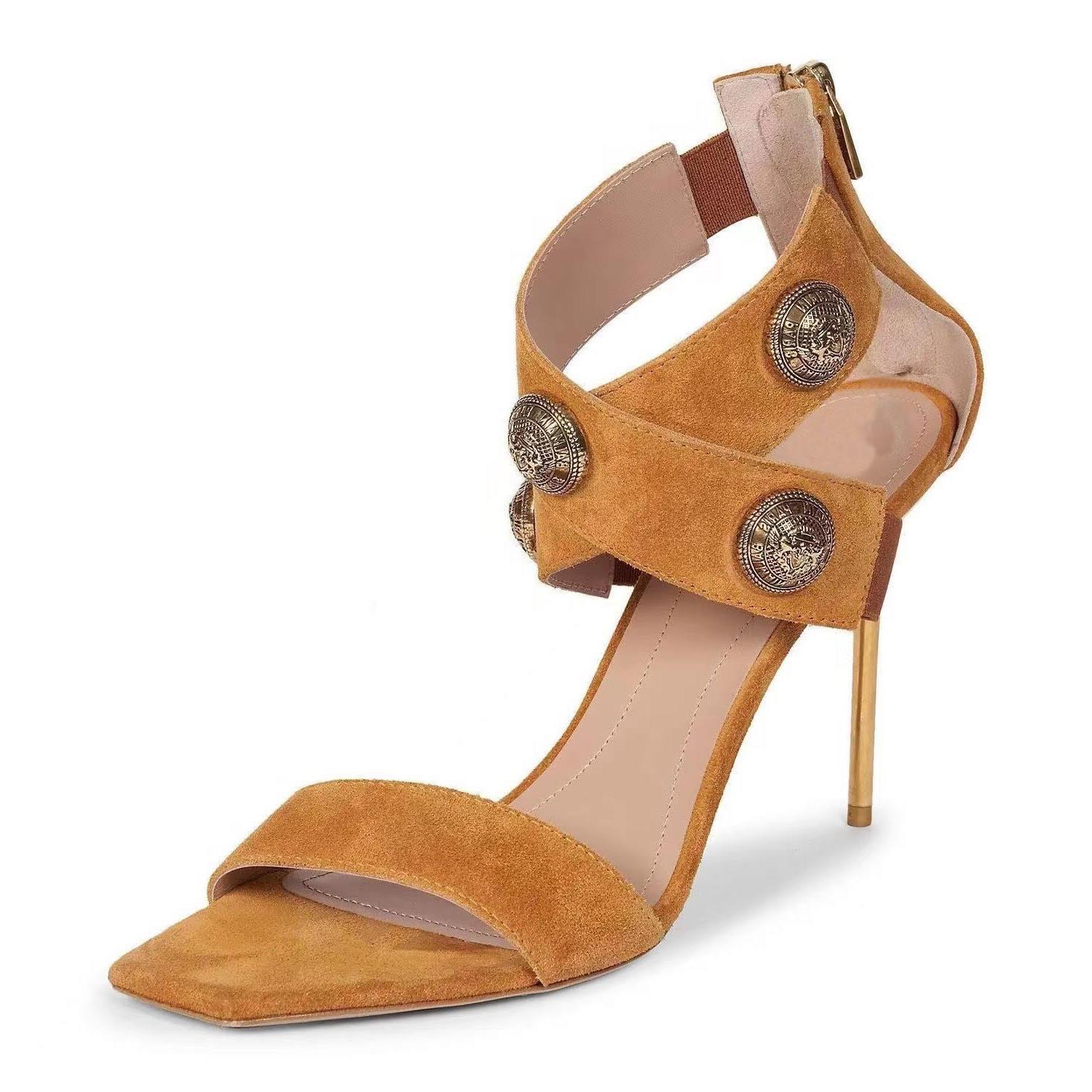Rivet cross hollow catwalk high-heeled sandals with one strap metal button stiletto open-toed Roman shoes