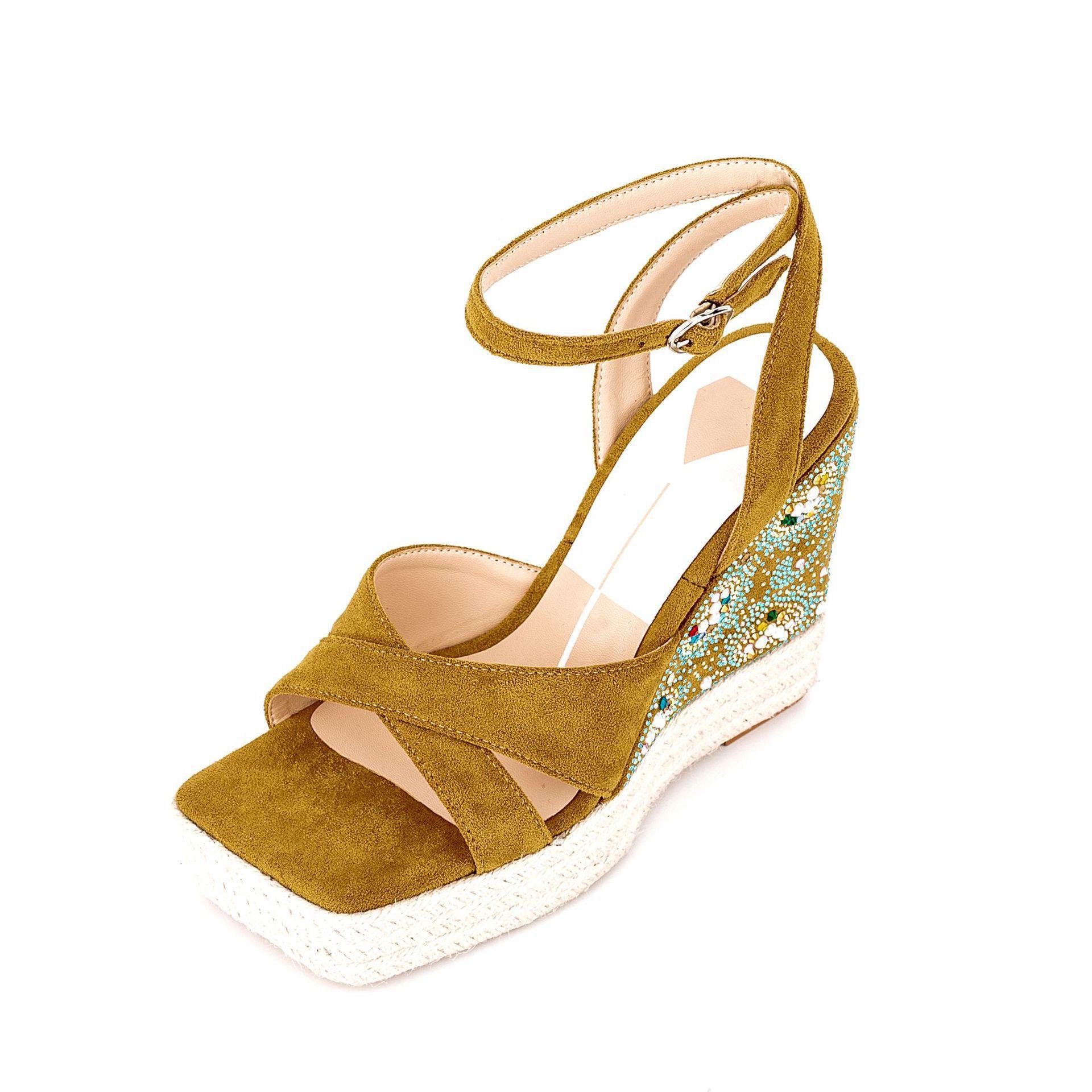 Women's wedge heel rhinestone thick bottom high heel sandals fashionable brown waterproof platform frosted leather fish mouth shoes open toe