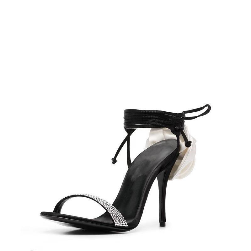New rhinestone round toe stiletto heel satin flower strap large size sandals