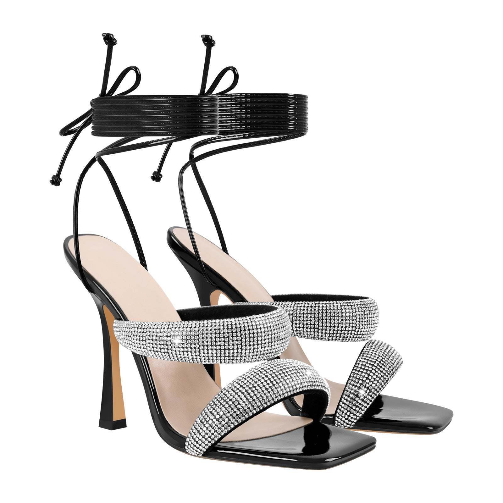 Square toe stiletto heel fish mouth hollow heel strap fashion catwalk large size sandals