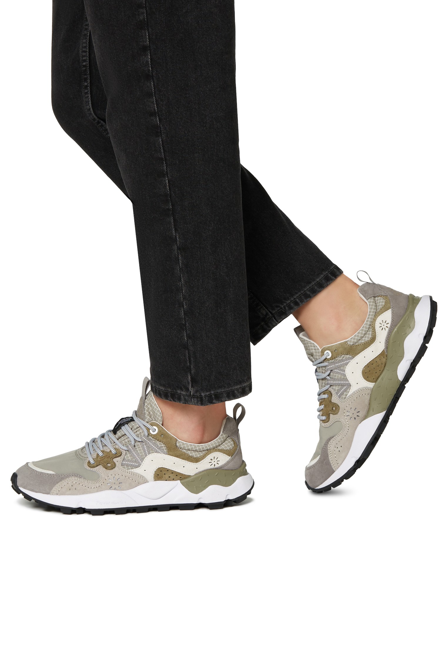 YAMANO 3 MAN - Suede and technical fabric sneakers - Grey-Army green