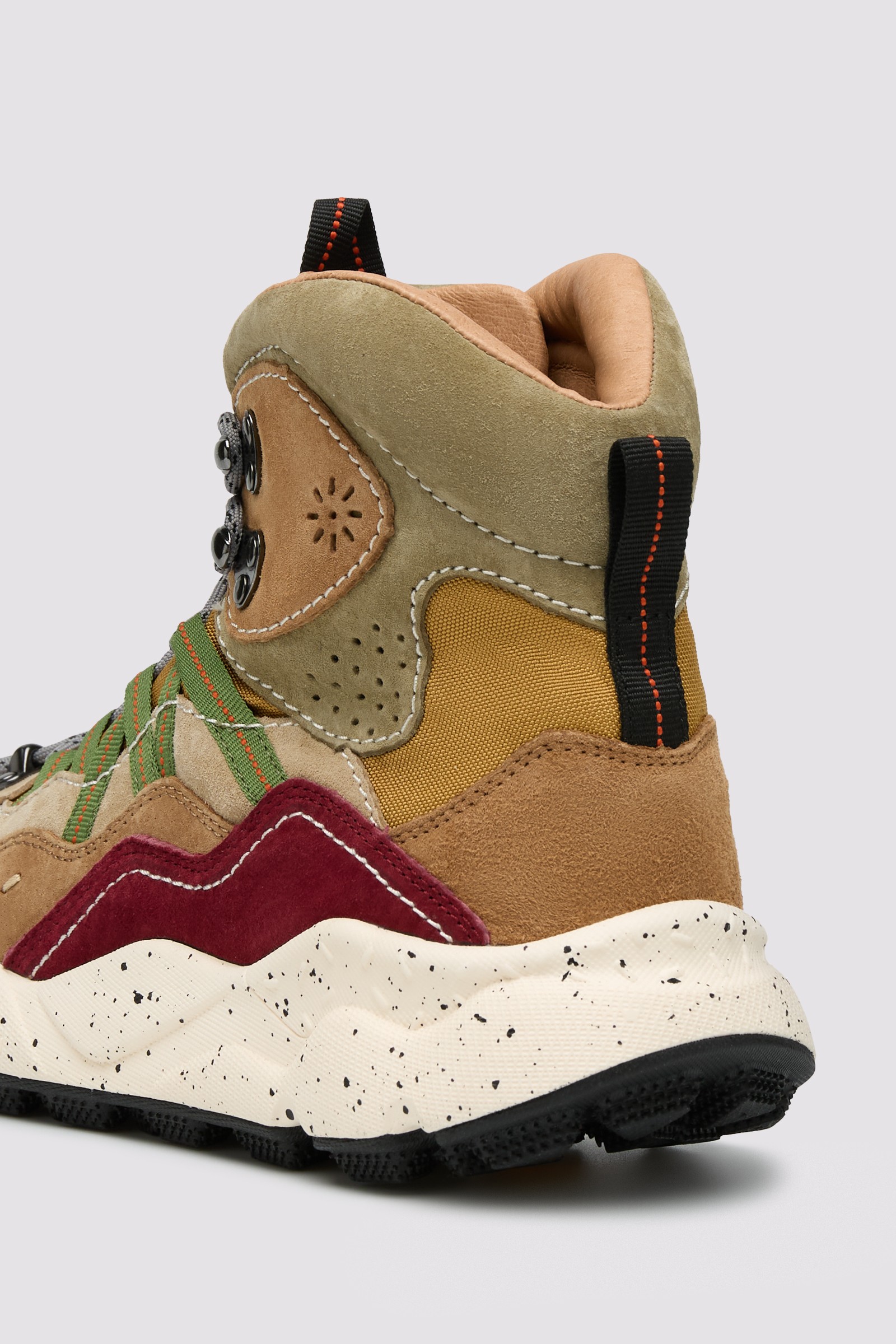 BANKEI UNI - Leather and technical fabric high-top sneakers - Brown-Green