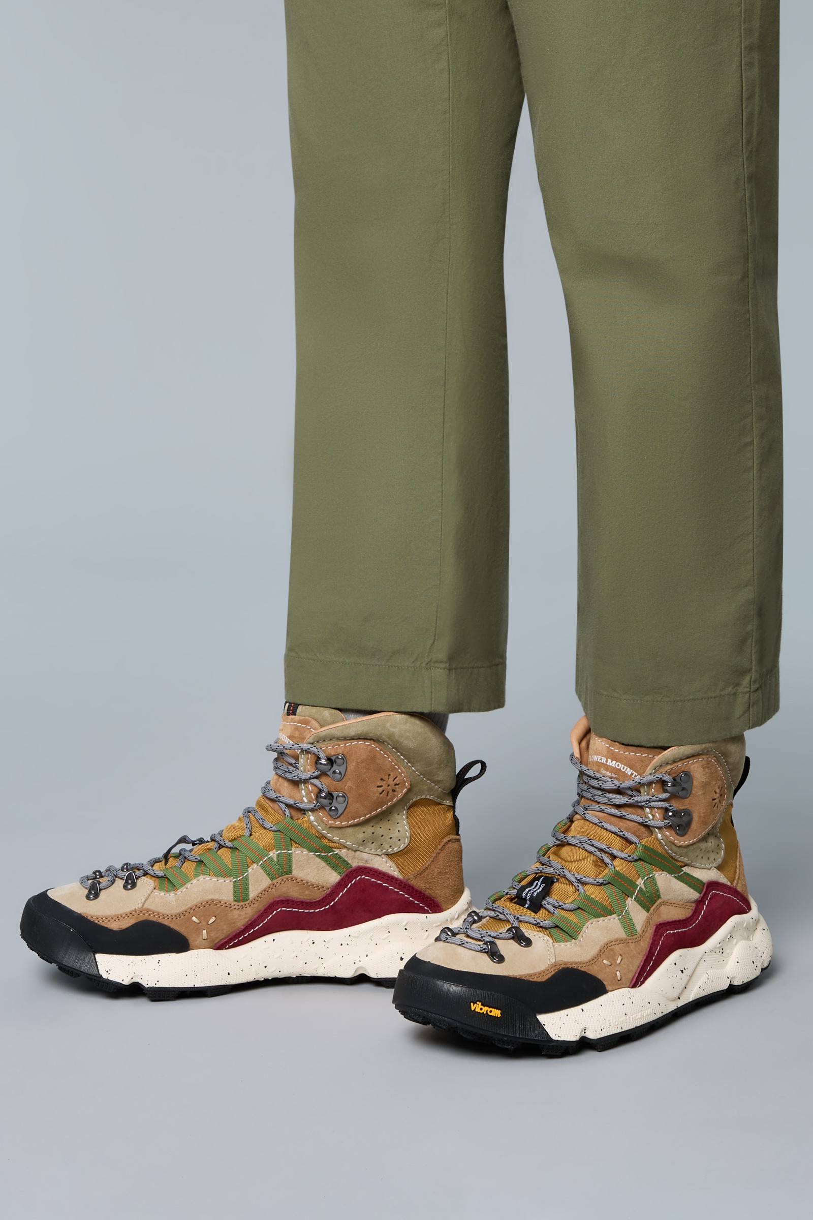 BANKEI UNI - Leather and technical fabric high-top sneakers - Brown-Green