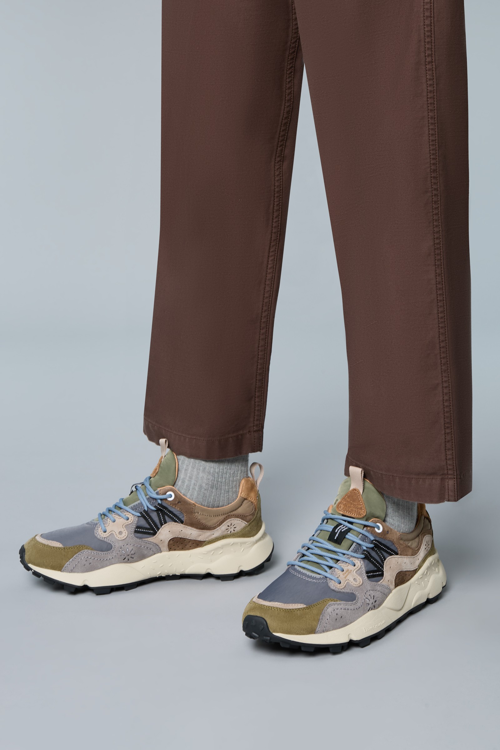 YAMANO 3 MAN - Suede and technical fabric sneakers - Army green-Grey