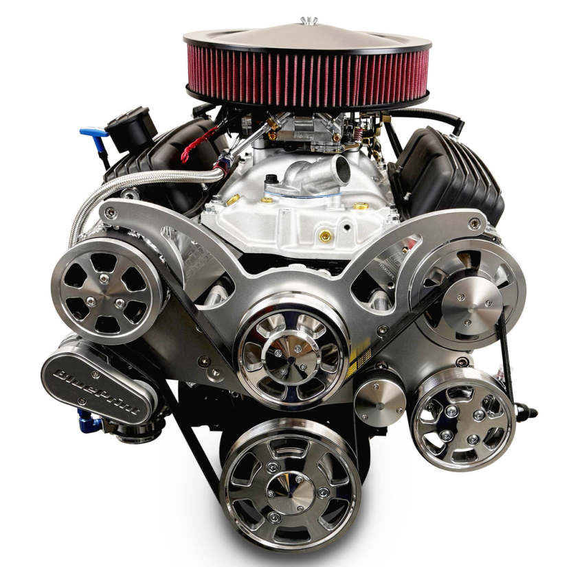 GM Small Block Compatible 383 c.i. Engine and TKX Manual Transmission - 436 Horsepower - Standard Edition Builder Series - Polished Pulley Kit - Carbureted