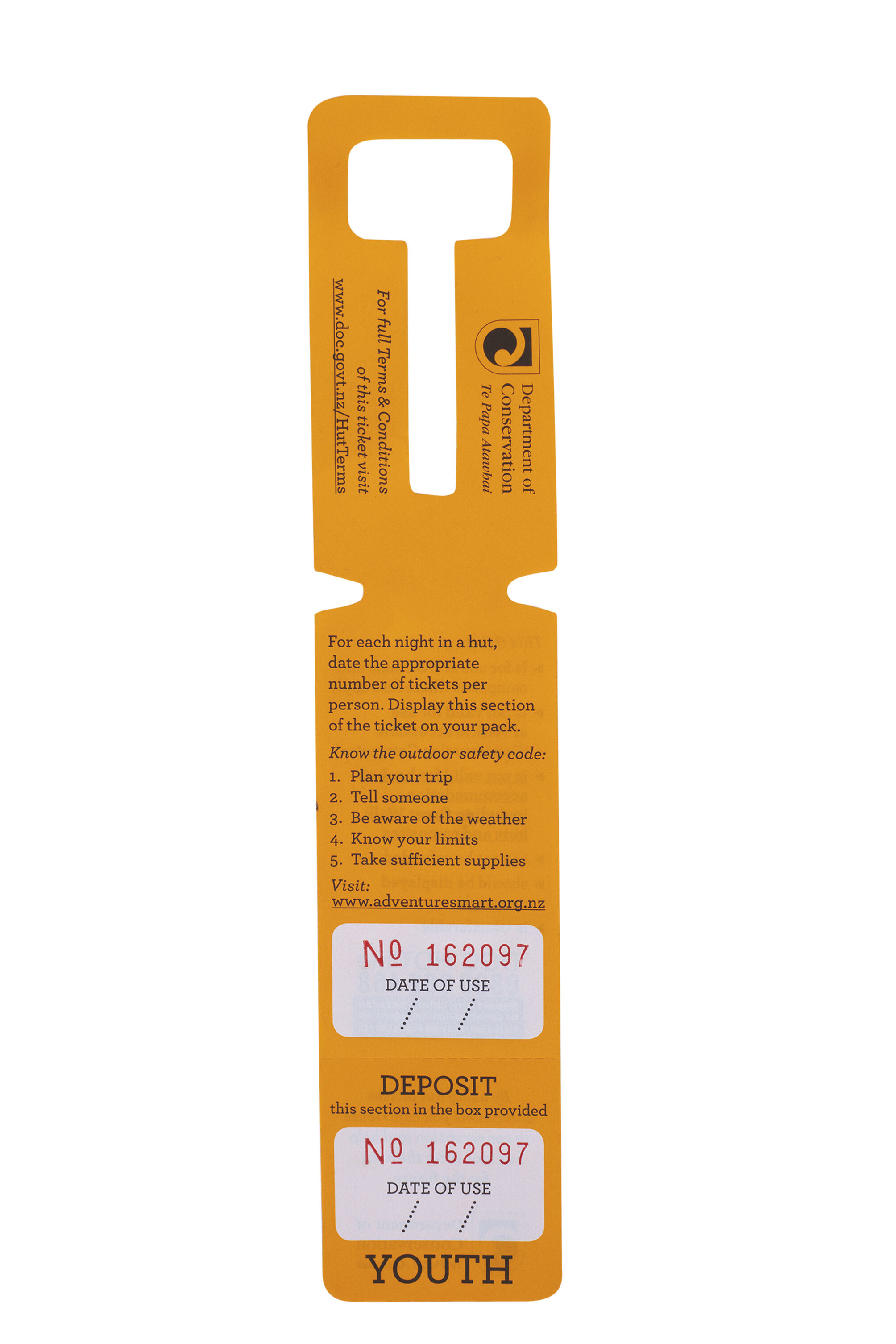 Department of Conservation Standard Youth Hut Ticket — Yellow