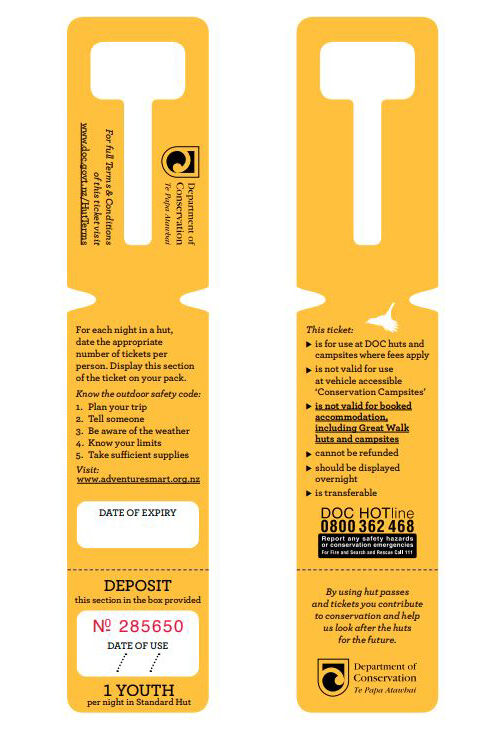 Department of Conservation Standard Youth Hut Ticket — Yellow
