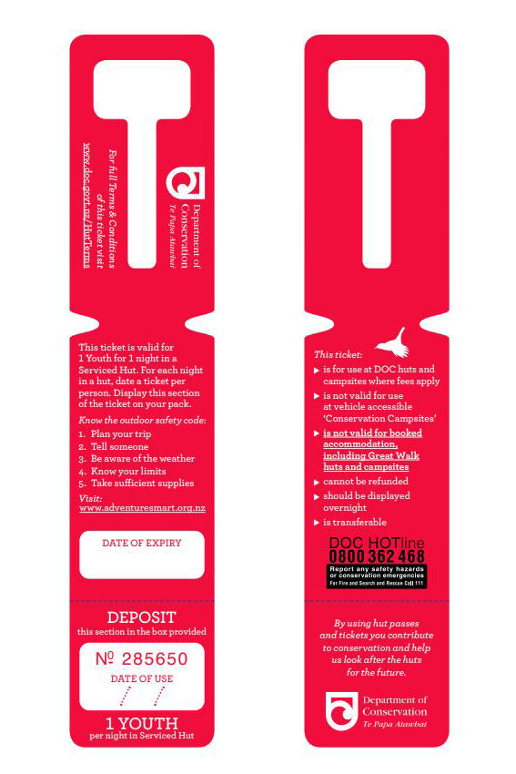 Department of Conservation Serviced Youth Hut Ticket — Red