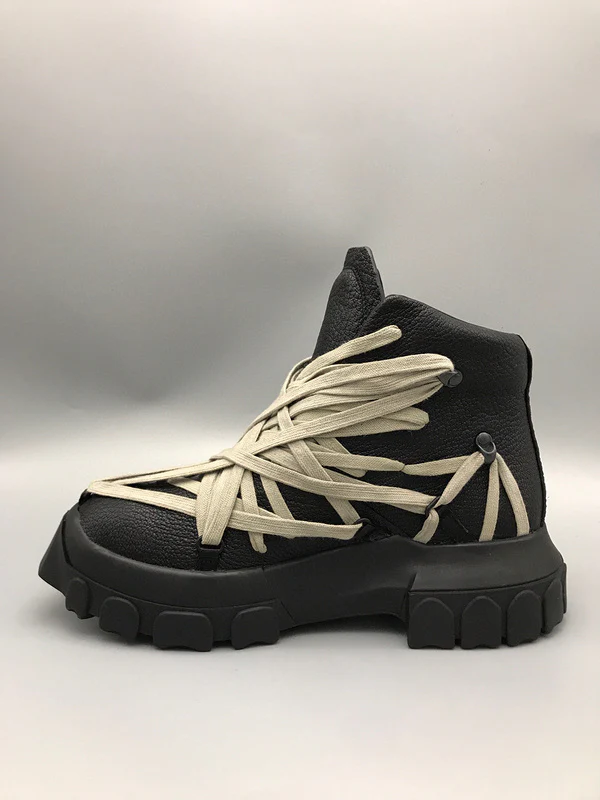 Rick Owens Black High-Top Sneakers with Beige Straps - Soul Replicas