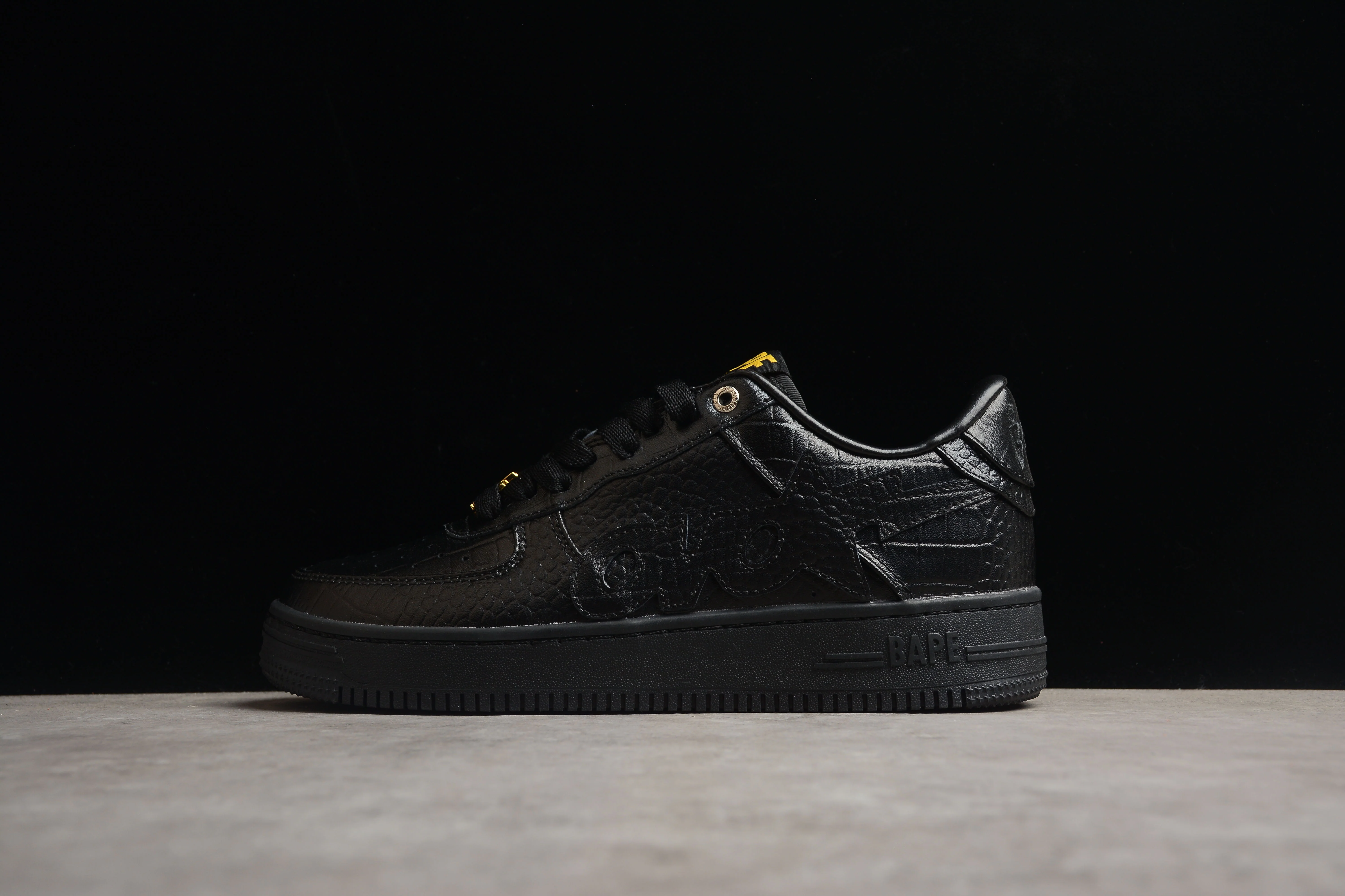 BAPE STA Low-Top Black Croc-Embossed Sneakers - Soul Replicas