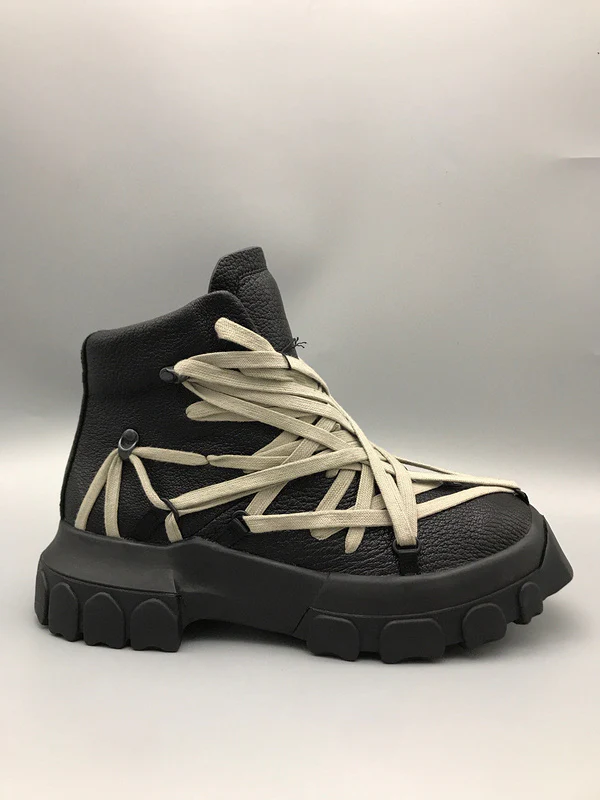 Rick Owens Black High-Top Sneakers with Beige Straps - Soul Replicas