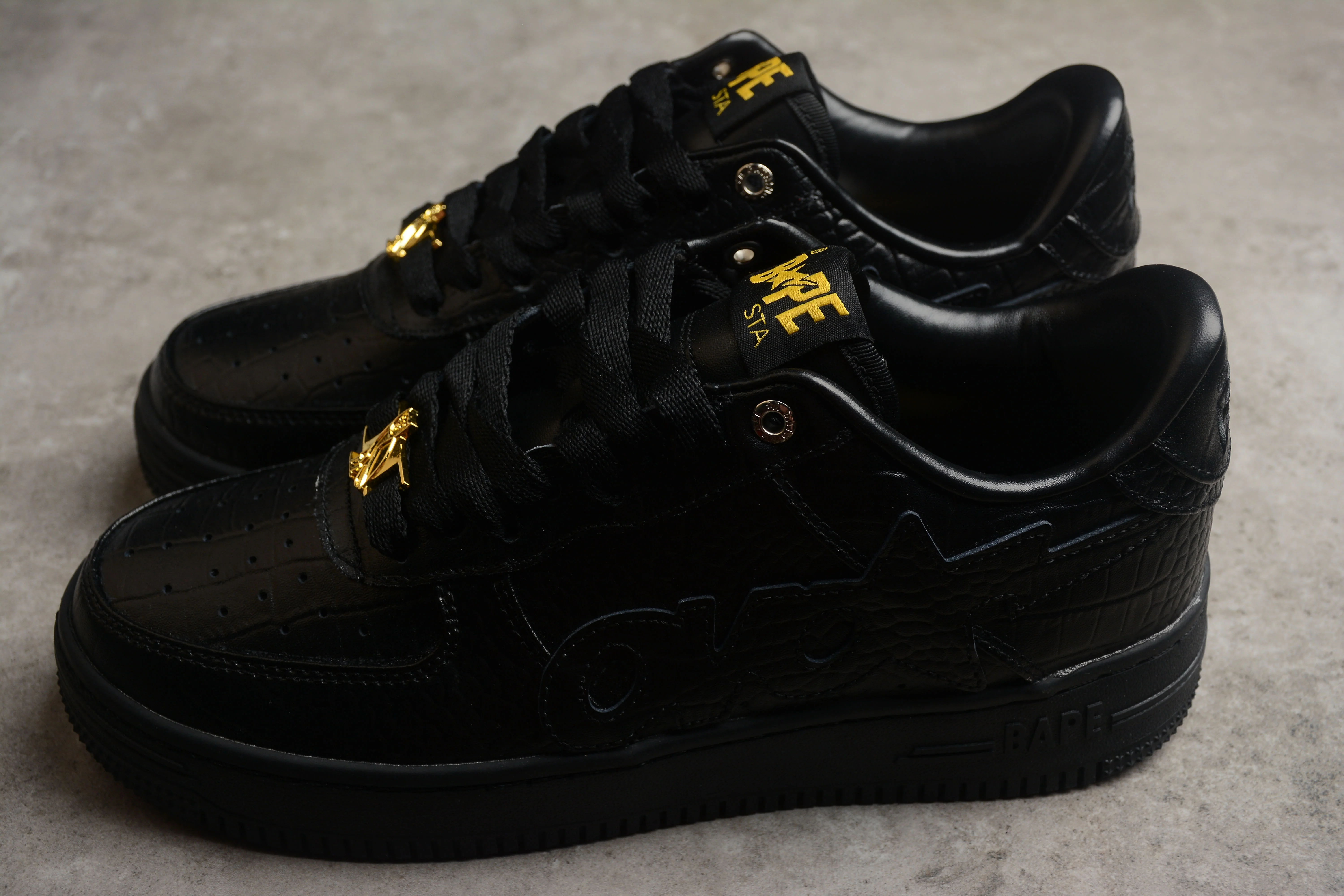 BAPE STA Low-Top Black Croc-Embossed Sneakers - Soul Replicas