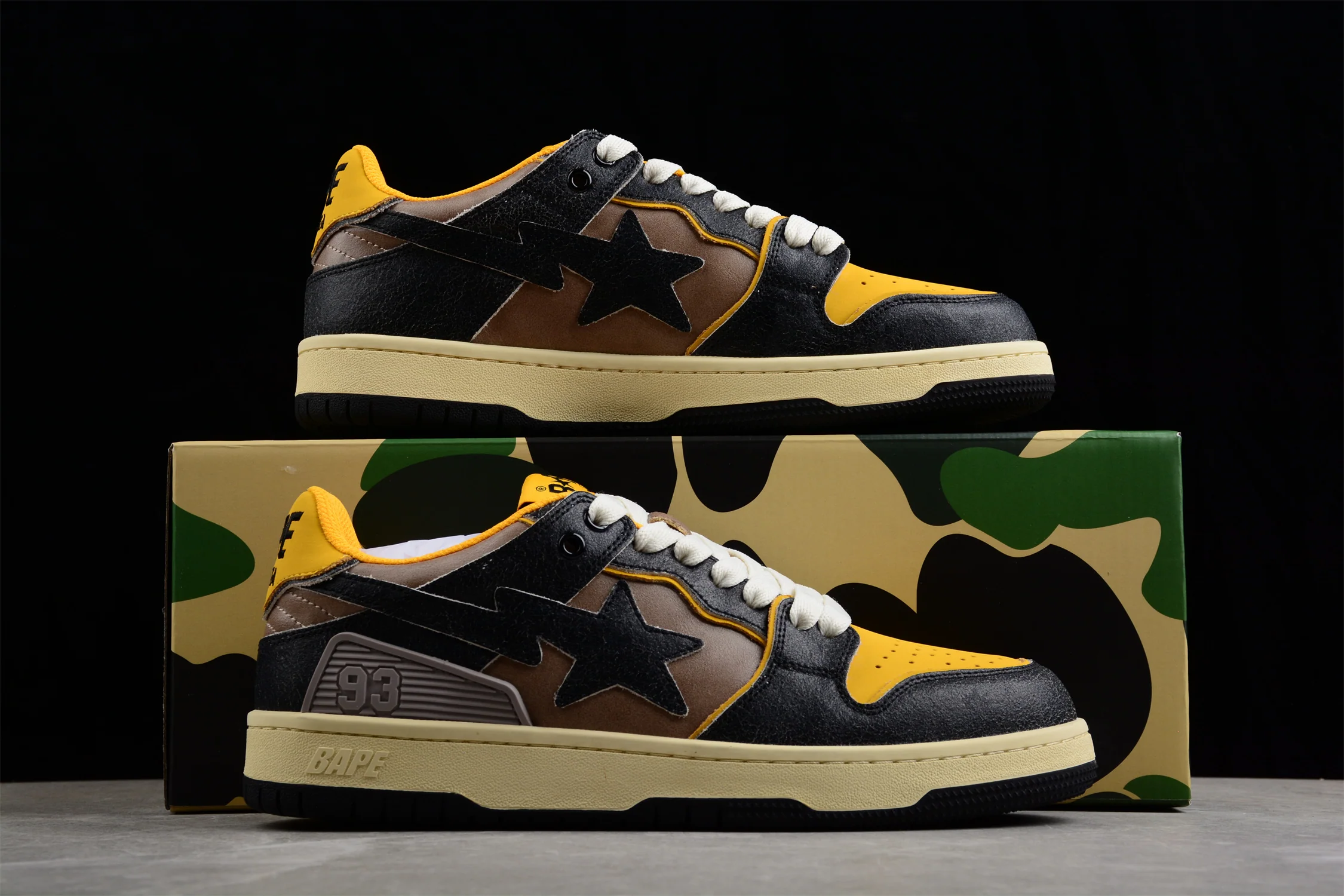 BAPE STA Low Top Sneakers in Black and Yellow - Soul Replicas