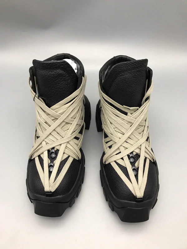 Rick Owens Black High-Top Sneakers with Beige Straps - Soul Replicas