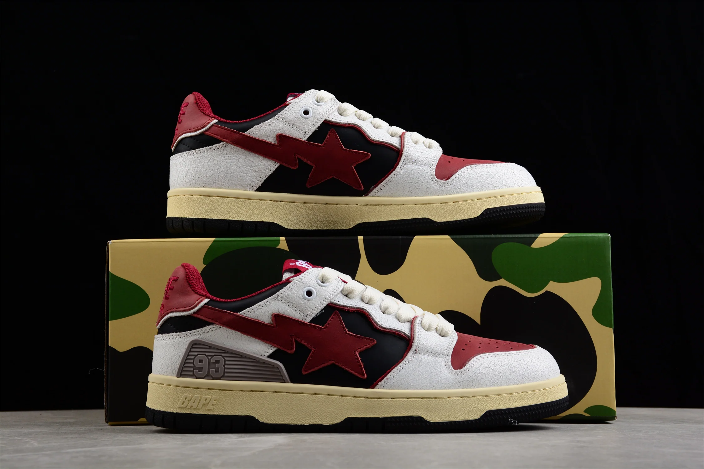 BAPE STA Low Top Sneakers in Red, White, and Black - Soul Replicas