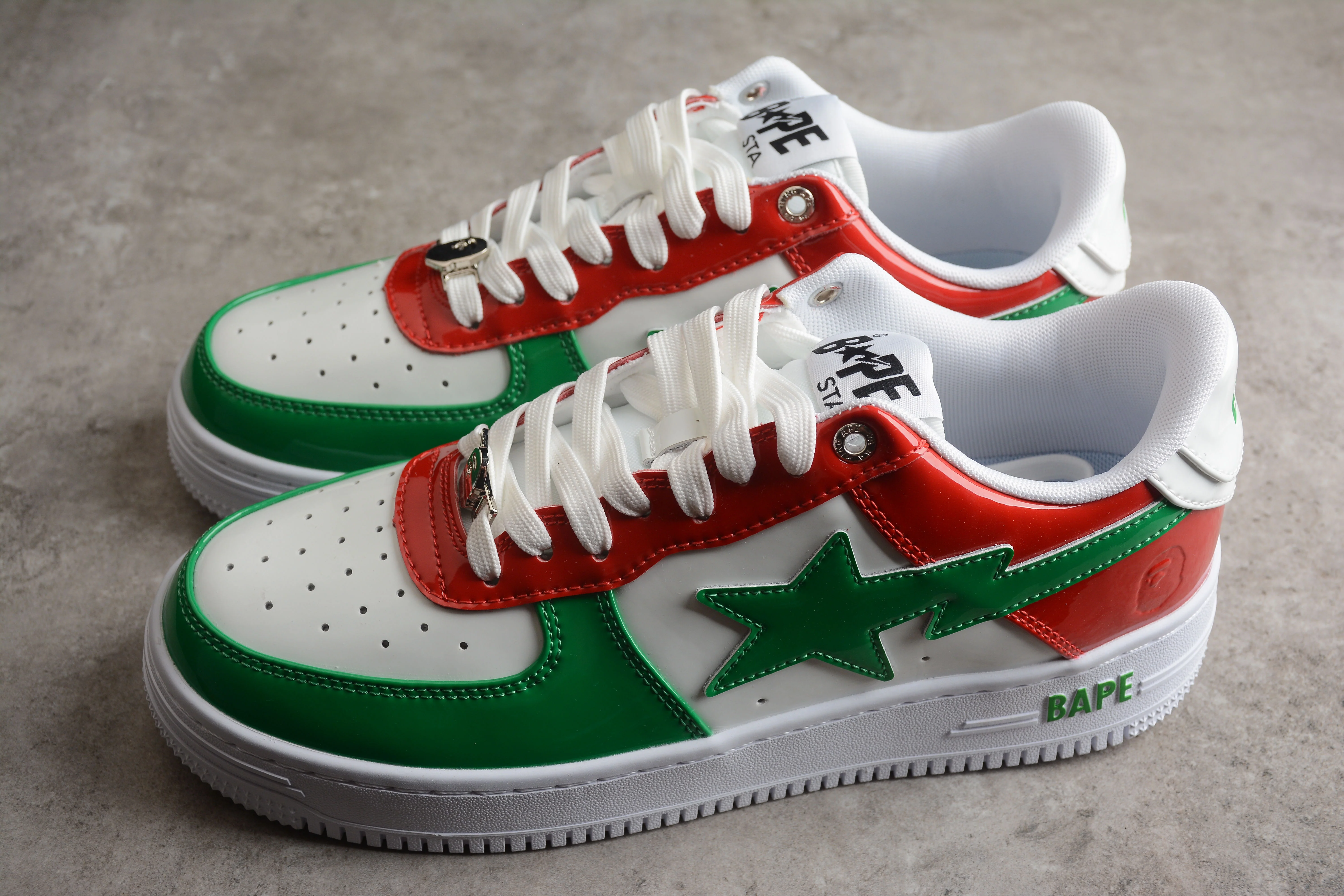 BAPE STA Low-Top Sneakers in Red, Green, and White - Soul Replicas