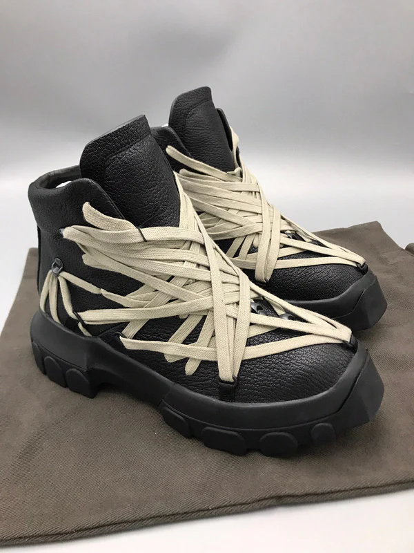 Rick Owens Black High-Top Sneakers with Beige Straps - Soul Replicas