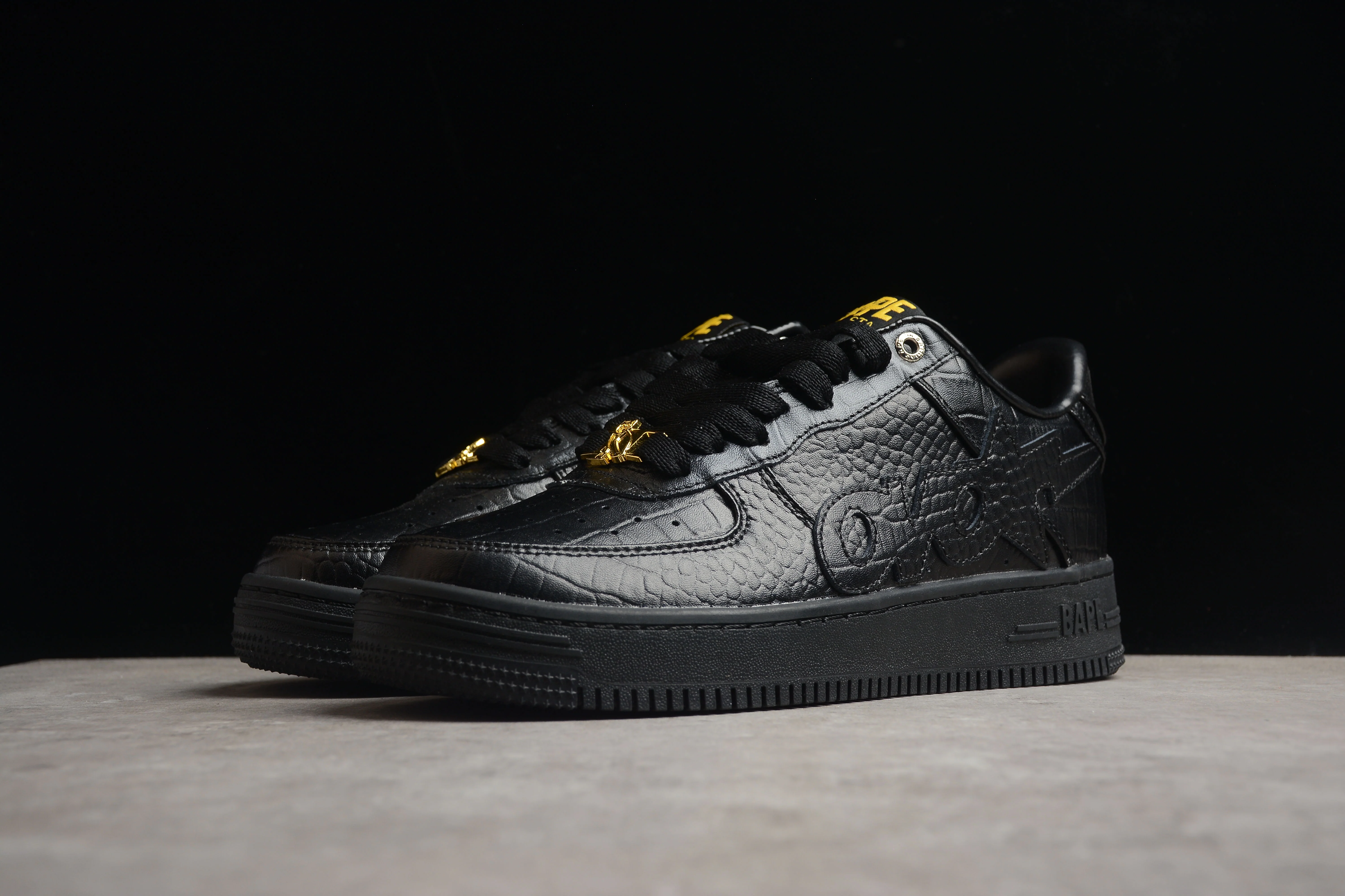 BAPE STA Low-Top Black Croc-Embossed Sneakers - Soul Replicas