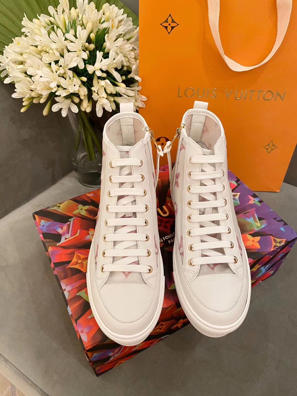 Louis Vuitton Stellar Sneaker Boot Monogram Denim Pink/White For Women LV - Soul Replicas