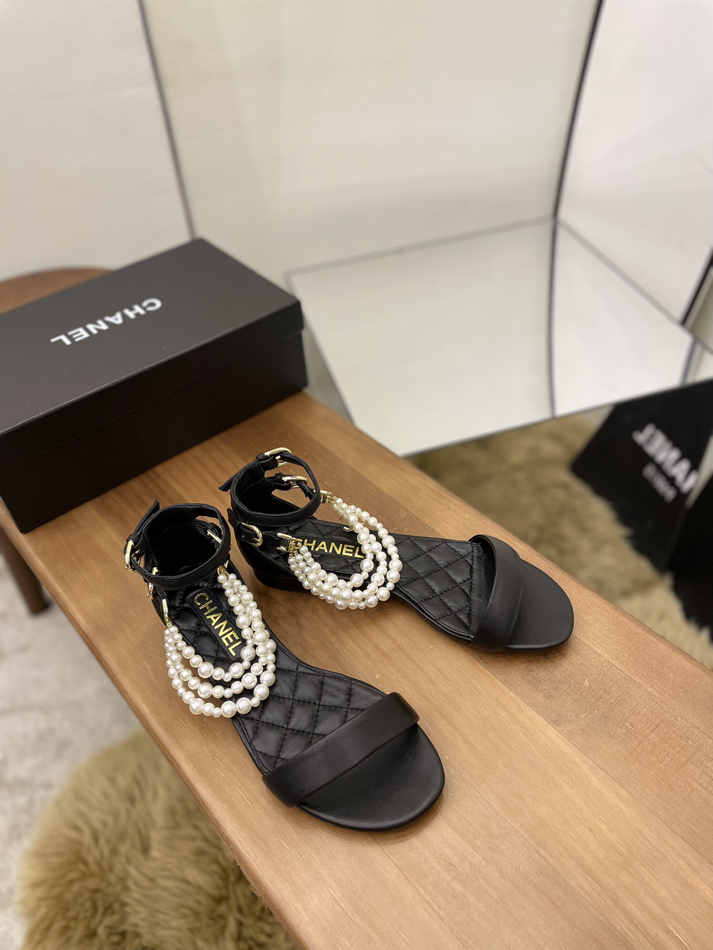 Chanel Women's Sandals With Imitation Pearls Black For Women - Soul Replicas