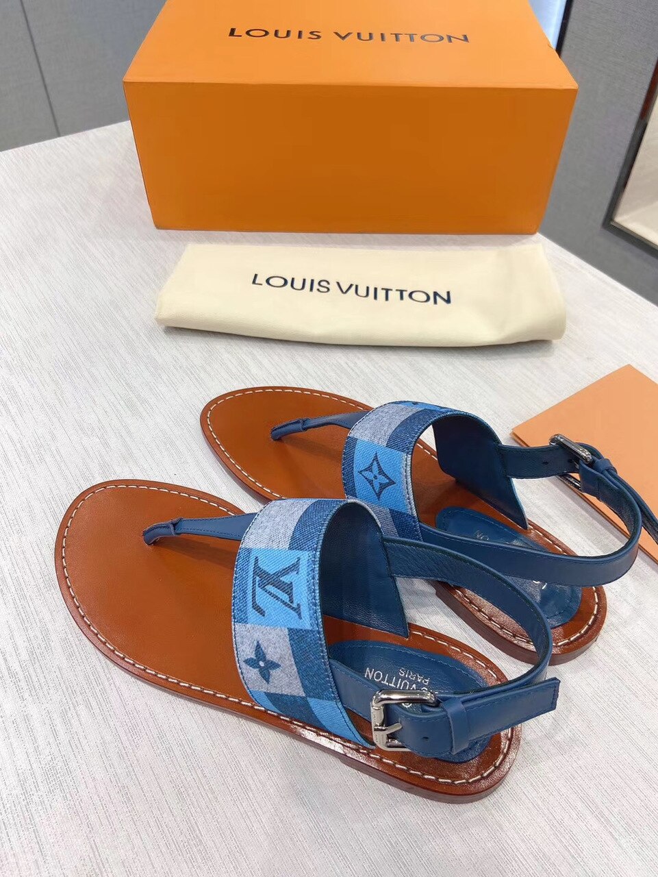 Louis Vuitton Starboard Flat Thong Sandal Monogram Denim Blue For Women LV - Soul Replicas