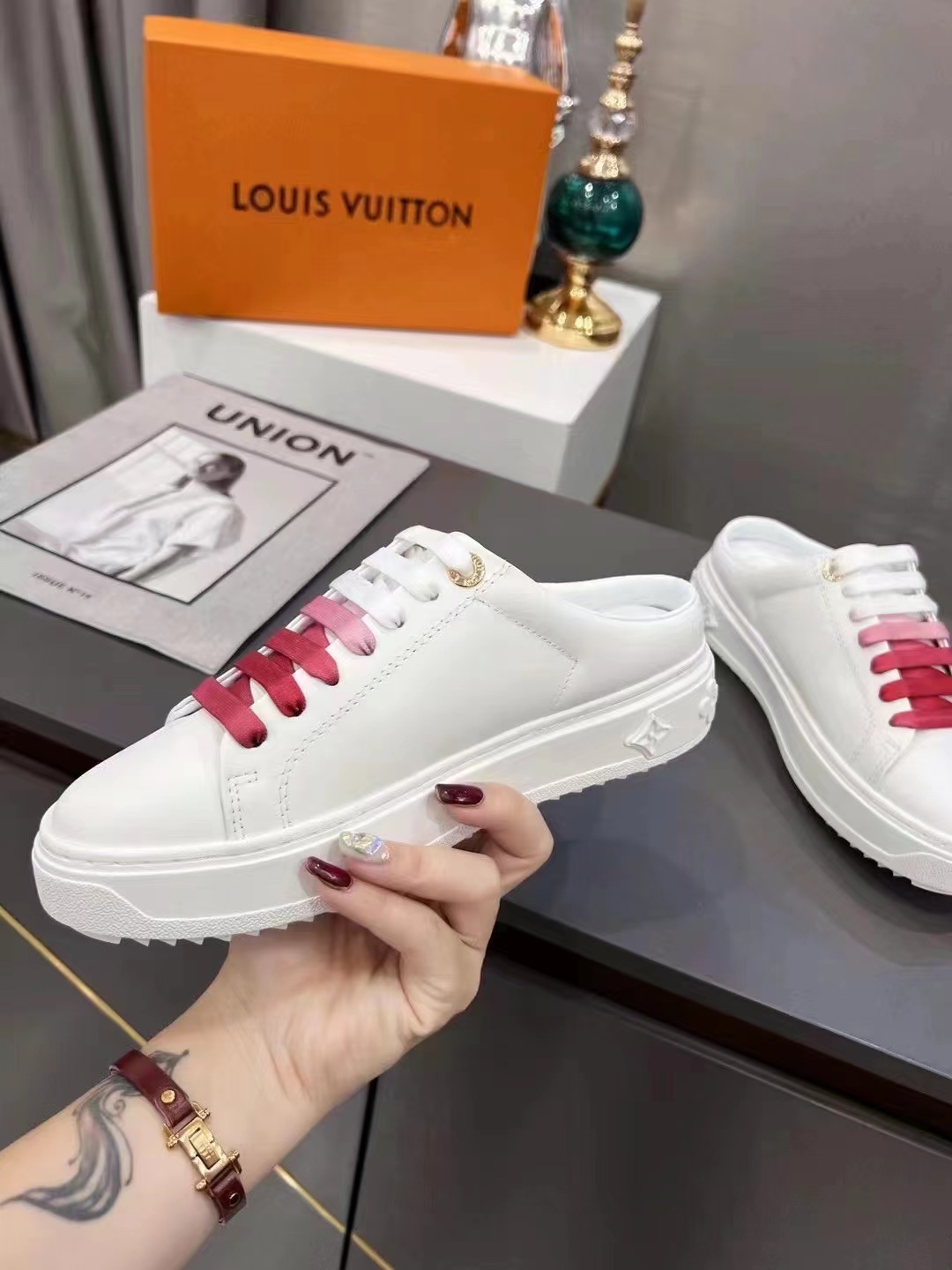 Louis Vuitton Women's Time Out Open-Back Sneaker Fuchsia Pink For Women LV 1AA1CD - Soul Replicas