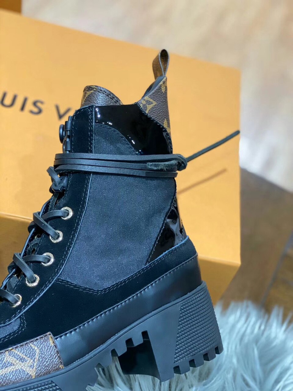 Louis Vuitton Laureate Desert Boot Patent Monogram Material Black For Women LV 1A4XY1 - Soul Replicas