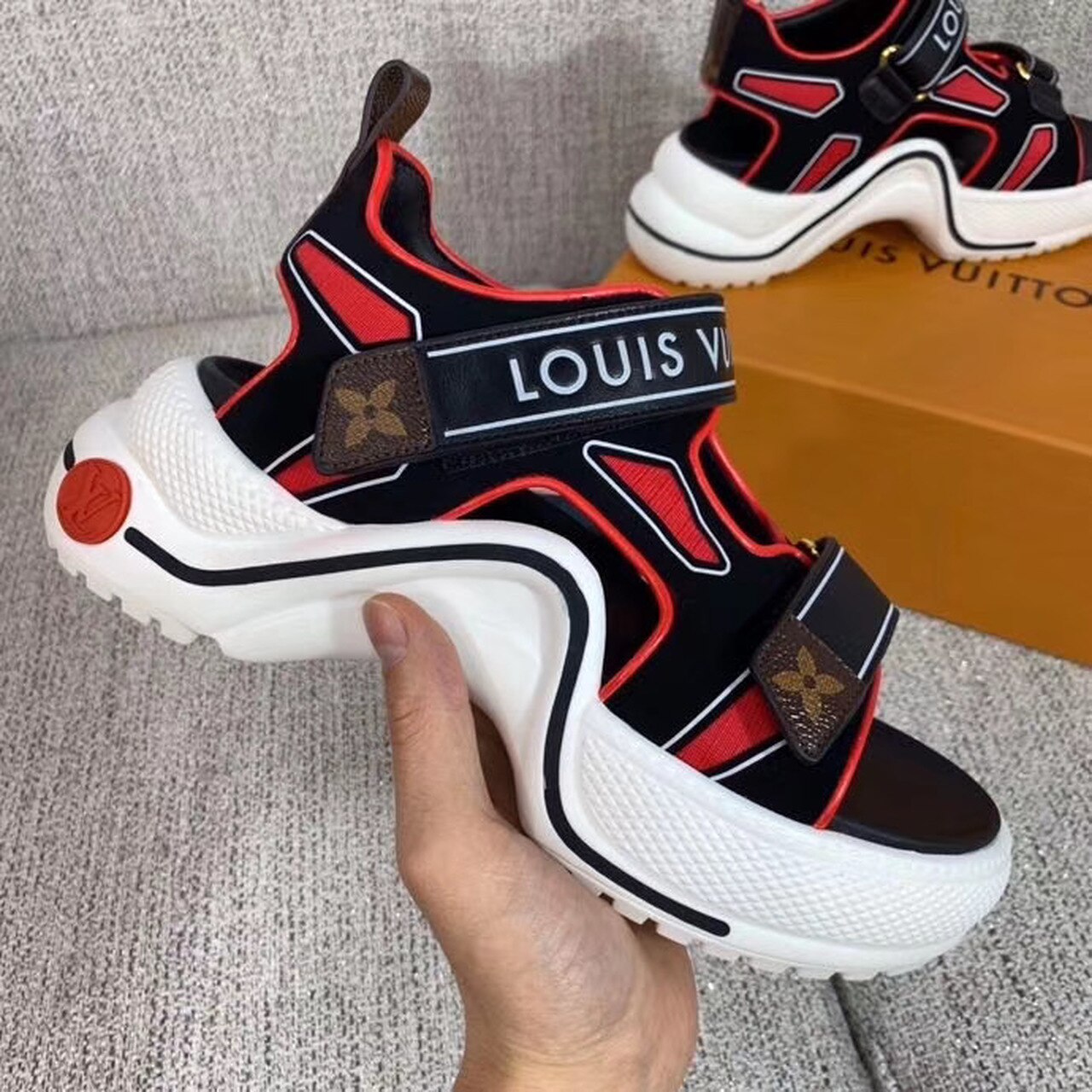 Louis Vuitton LV Archlight Flat Sandal Velvet Black/Red For Women LV - Soul Replicas