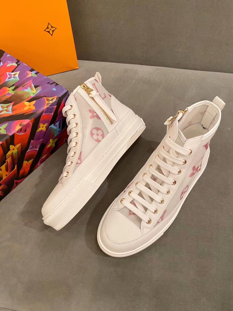 Louis Vuitton Stellar Sneaker Boot Monogram Denim Pink/White For Women LV - Soul Replicas